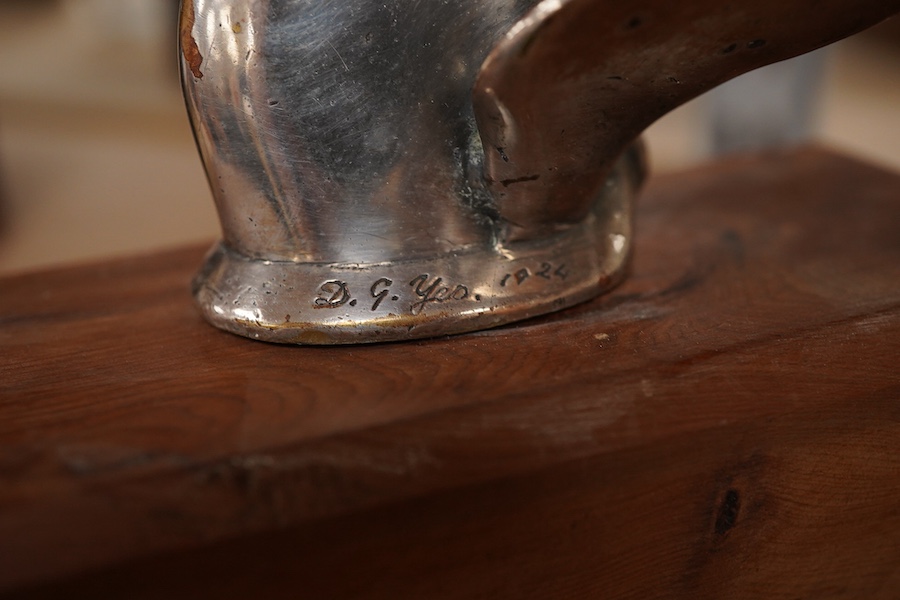 A silver plated Pegasus horse's head car mascot, signed D.G. Yeo, dated 1924, mounted on a wooden plinth